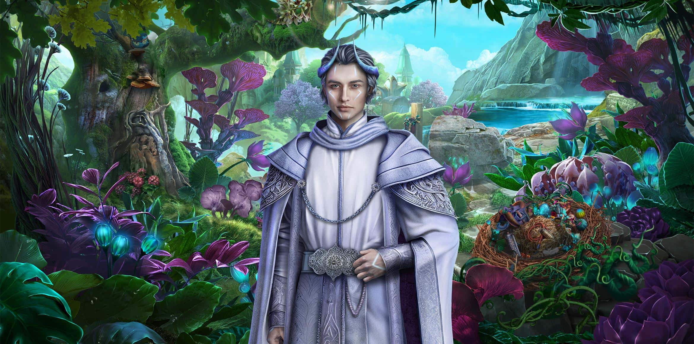 Fantasy game character in white robes with magical forest background